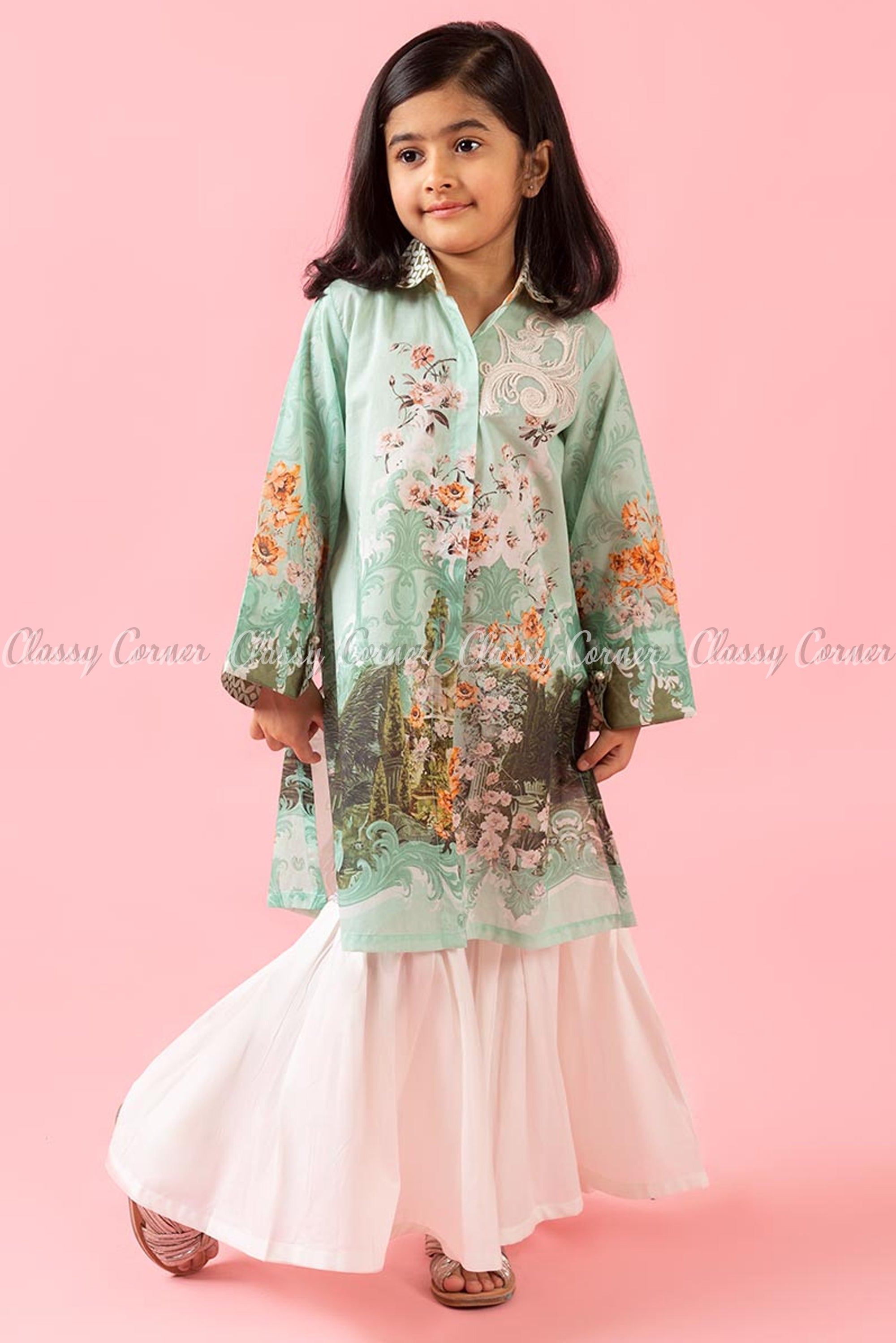 Botanical Print and Embroidery Green White Kids Salwar Kameez - full front view