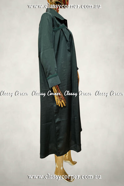 Bottle Green Silk Blend Modest Short Dress