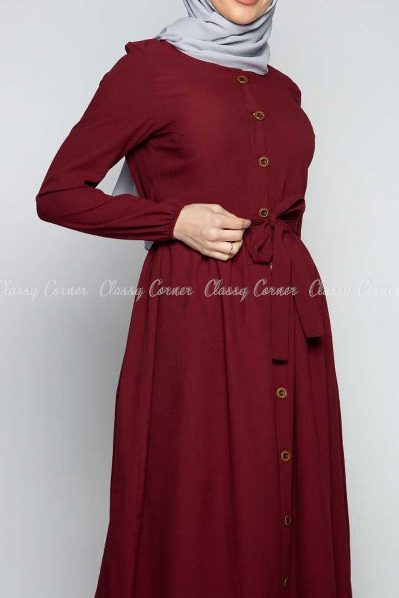 Button Down Maroon Modest Long Dress - full front view