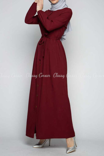 Button Down Maroon Modest Long Dress - right side view