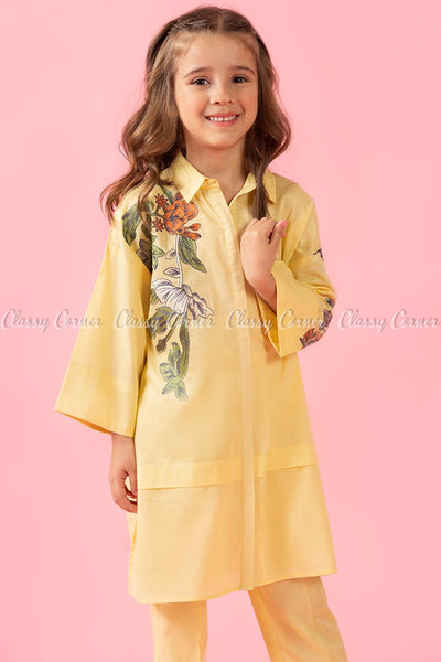 Classic Floral Print Yellow Kids Salwar Kameez - front view