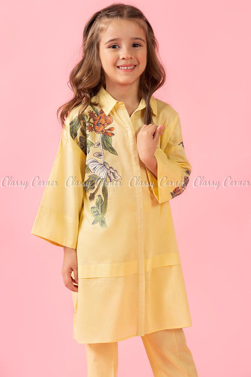 Classic Floral Print Yellow Kids Salwar Kameez - full front view