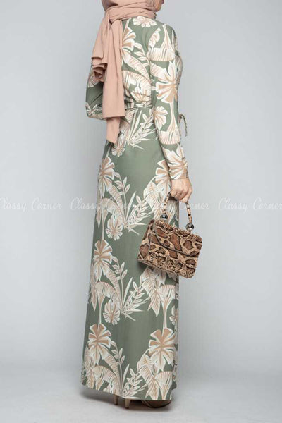 Classic Leaf Prints Green Modest Long Dress - back view