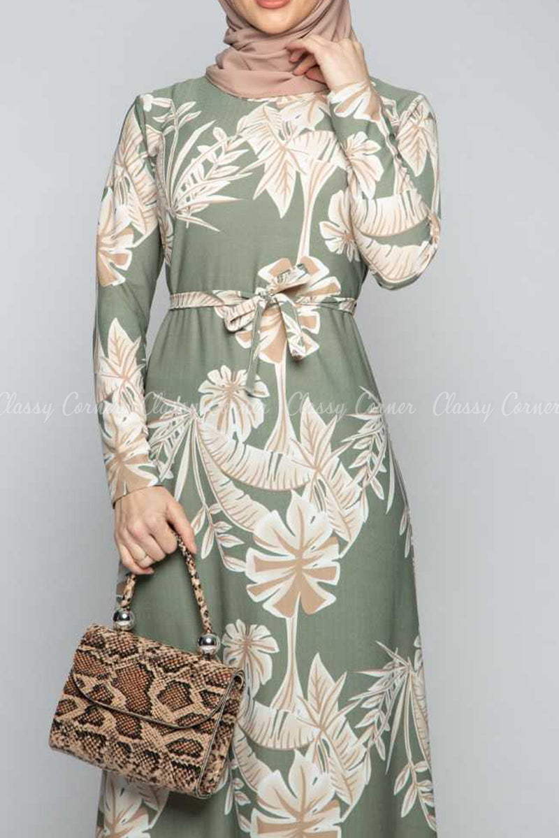Classic Leaf Prints Green Modest Long Dress - full front view