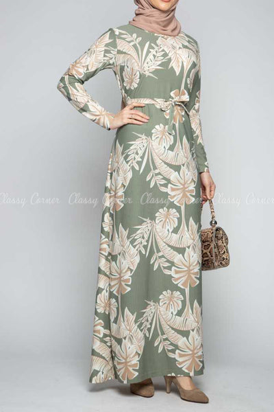 Classic Leaf Prints Green Modest Long Dress - front view