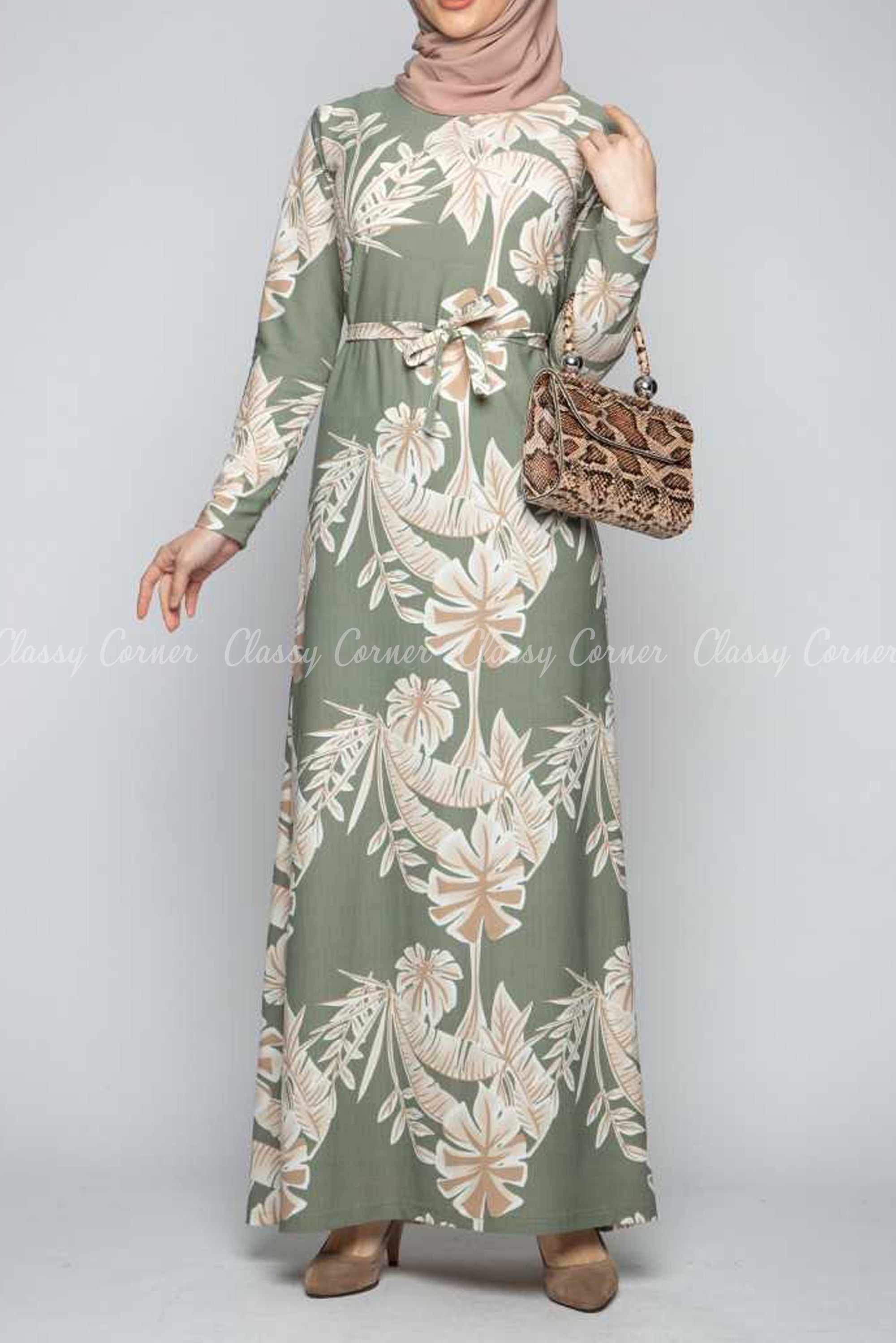 Classic Leaf Prints Green Modest Long Dress - full front view