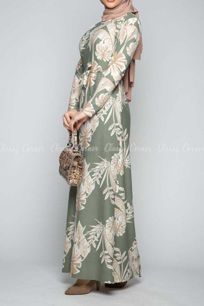Classic Leaf Prints Green Modest Long Dress - right side view