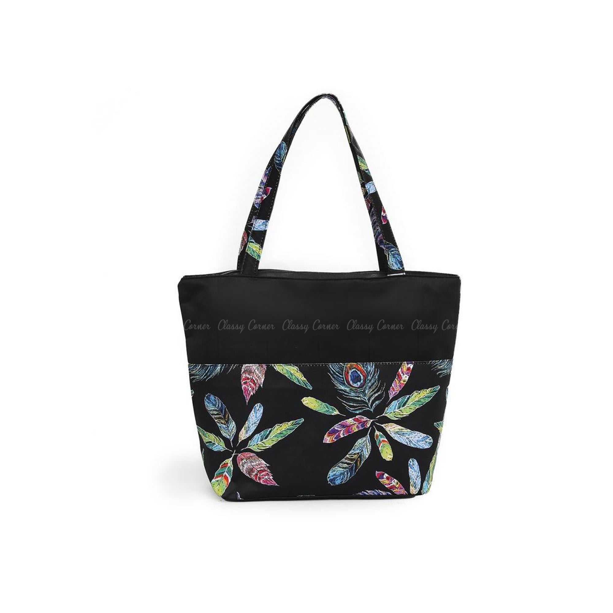 Multicolour Peacock Feathers Print with Zipper Black Beach Tote Bag