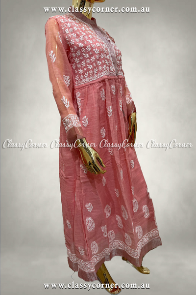 Coral Pink Hand Embroidered Long Dress
