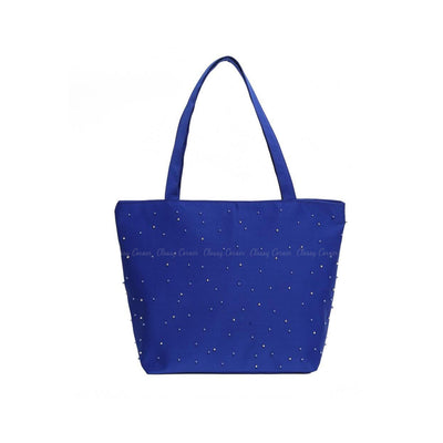 Blue Silver Beads Design with Zipper Blue Beach Bag