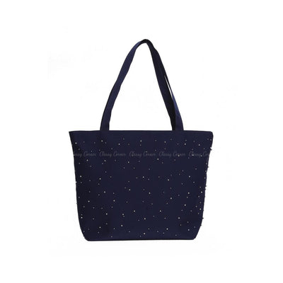 Navy Blue Silver Beads Design with Zipper Navy Blue Beach Tote Bag