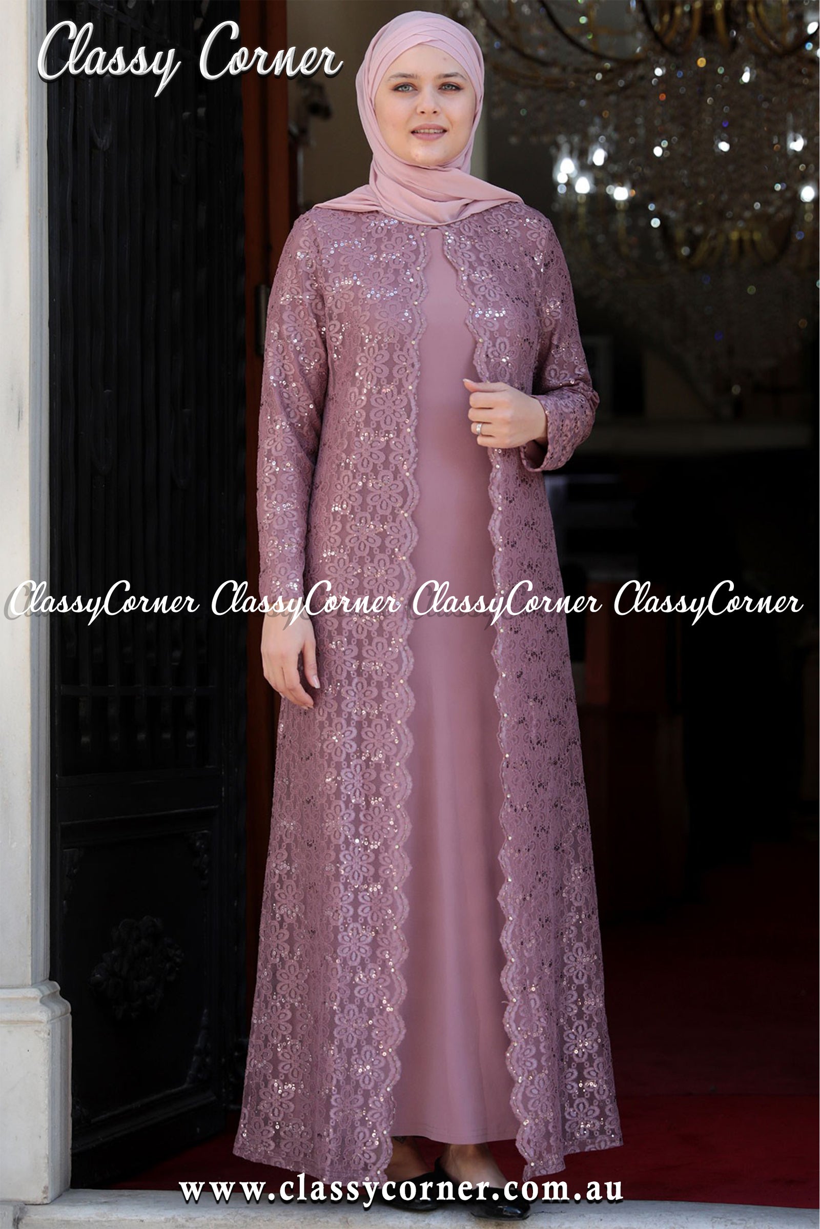 Dusty Pink Floral Net Abaya