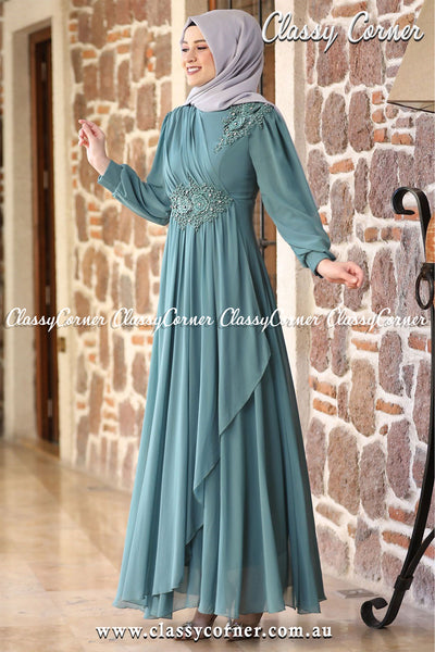 Dusty Teal Ruffled Party Dress