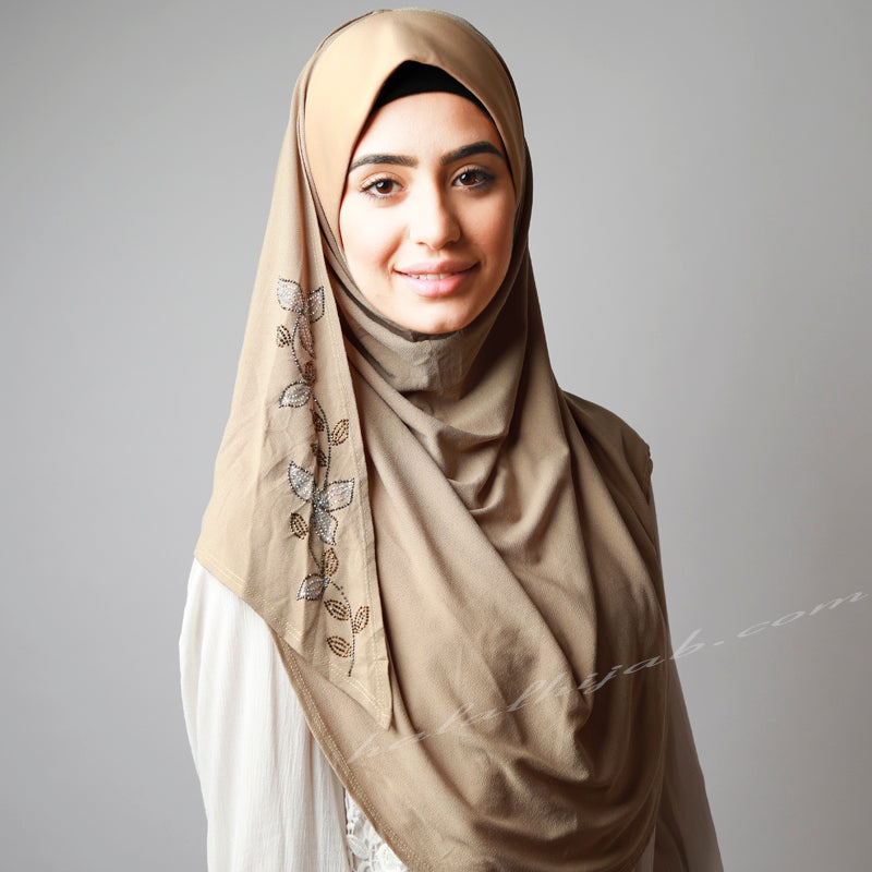 Dusty Beige Golden Silver Floral Sequinned Party Hijab