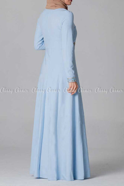 Elegant Embroidery Design Blue Modest Long Dress - back view