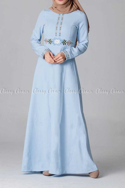 Elegant Embroidery Design Blue Modest Long Dress - front view