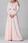 Elegant Embroidery Design Pink Modest Long Dress - full front view