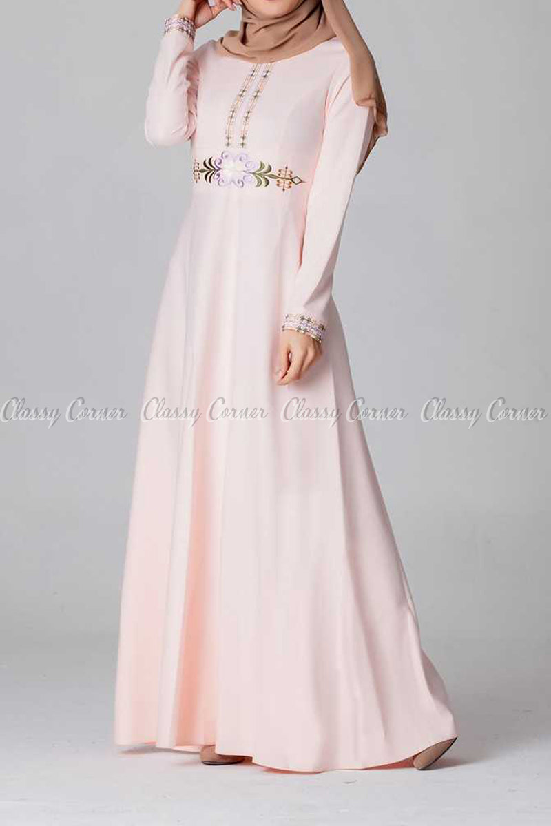 Elegant Embroidery Design Pink Modest Long Dress - full front view