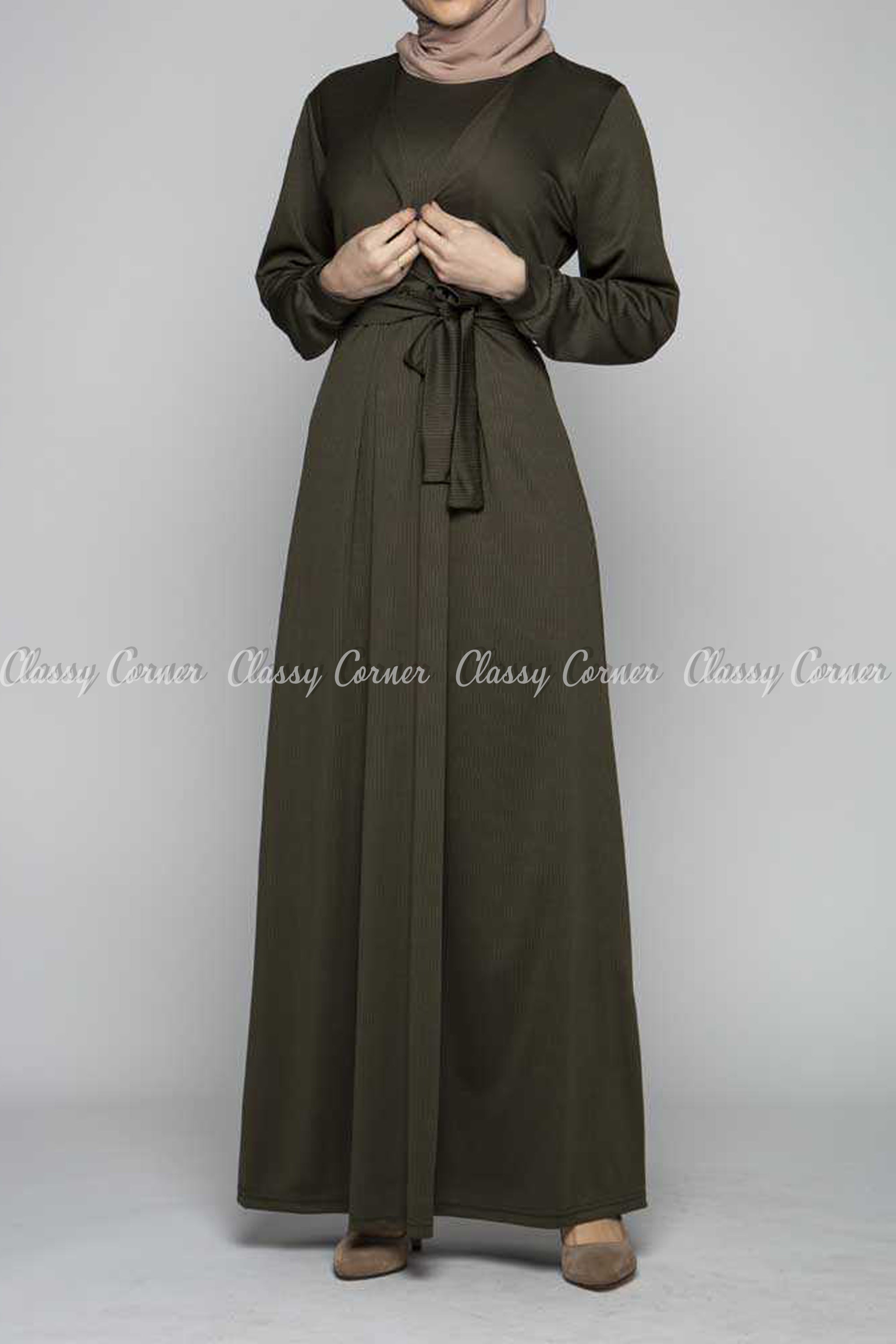 Elegant Khaki Green Modest Long Dress