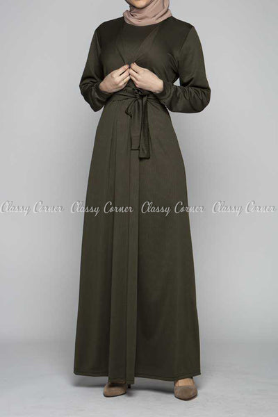 Elegant Khaki Green Modest Long Dress - full front view