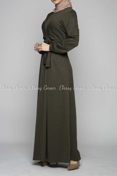 Elegant Khaki Green Modest Long Dress - right side view