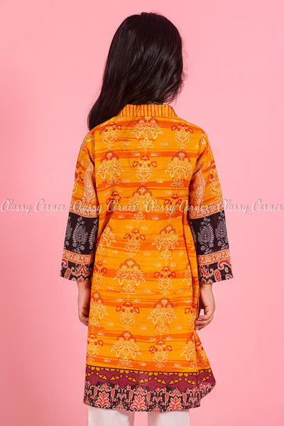 Elegant Royal Print  Orange Kids Salwar Kameez - back view