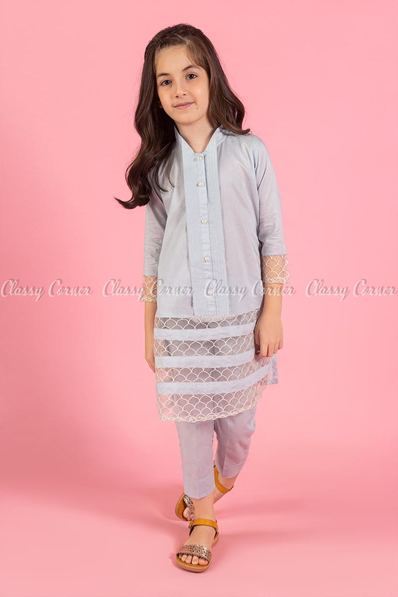 Embroidery Design Grey Kids Salwar Kameez - full front view