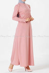 Embroidery Patch and Pearl Beads Pink Modest Long Dress - left side view