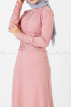 Embroidery Patch and Pearl Beads Pink Modest Long Dress - right side details