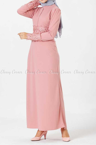 Embroidery Patch and Pearl Beads Pink Modest Long Dress - right side view