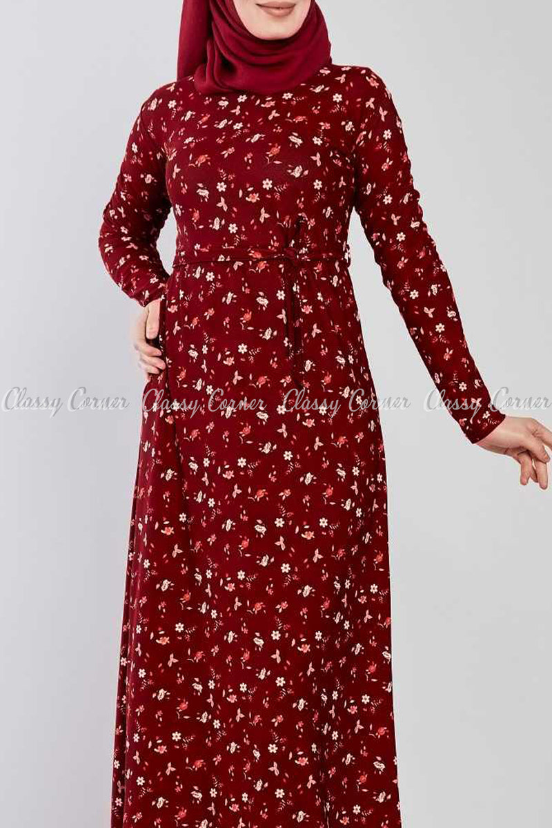 Fine Floral Prints Red Modest Long Dress - full front view
