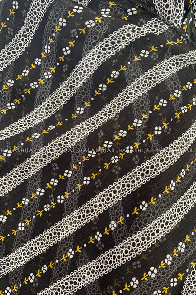 Black Yellow Floral Stripes Instant Hijab