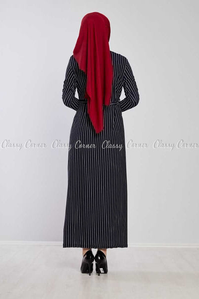 Fine Stripes Prints Navy Blue Modest Long Dress - back view