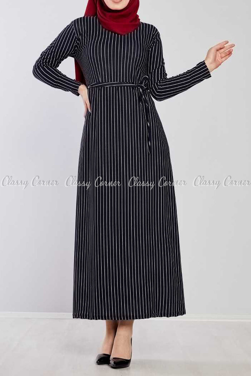 Fine Stripes Prints Navy Blue Modest Long Dress - full front view