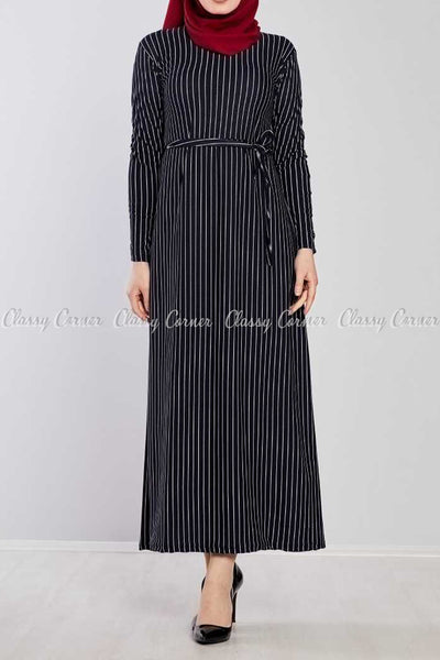 Fine Stripes Prints Navy Blue Modest Long Dress