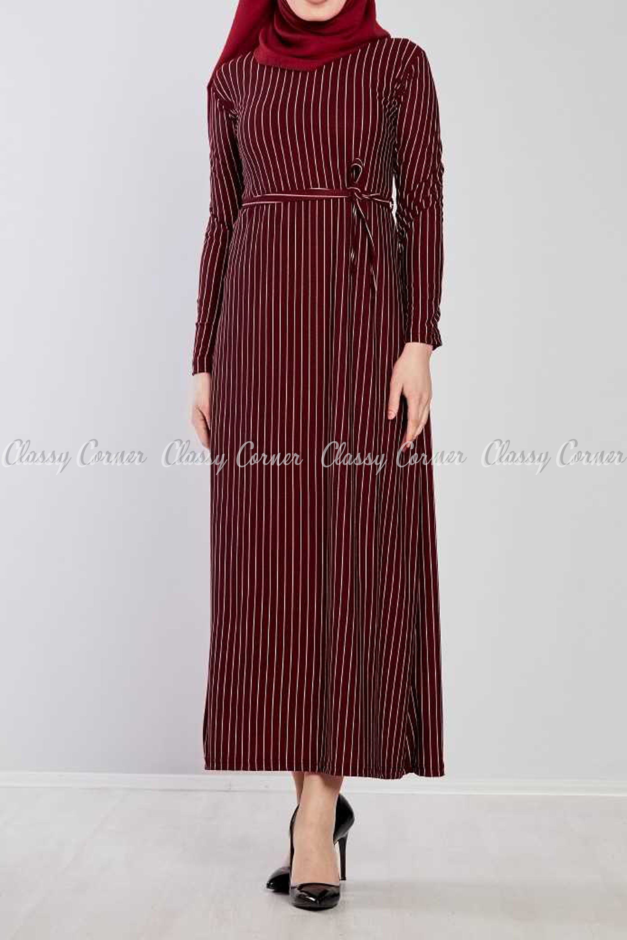 Fine Stripes Prints Red Modest Long Dress