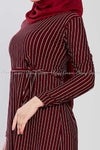 Fine Stripes Prints Red Modest Long Dress - side closer view