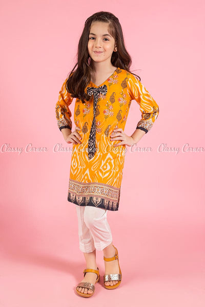 Floral Design Orange Kids Salwar Kameez - full front view