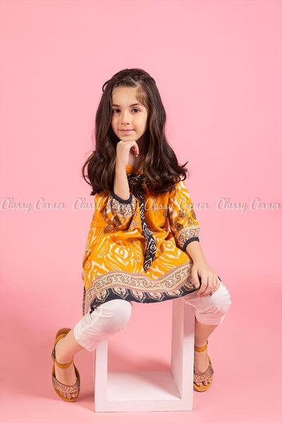 Floral Design Orange Kids Salwar Kameez