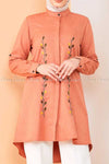 Floral Embroidery Orange Modest Tunic Dress - closer view