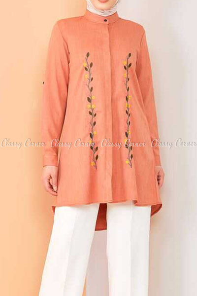 Floral Embroidery Orange Modest Tunic Dress - full front view