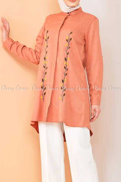 Floral Embroidery Orange Modest Tunic Dress - right side view