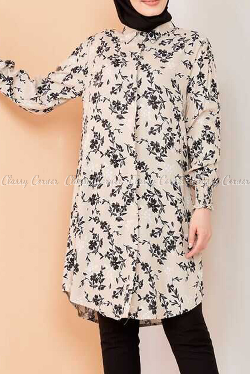 Floral Print Beige Modest Tunic Dress - full front view
