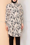 Floral Print Beige Modest Tunic Dress - full front view