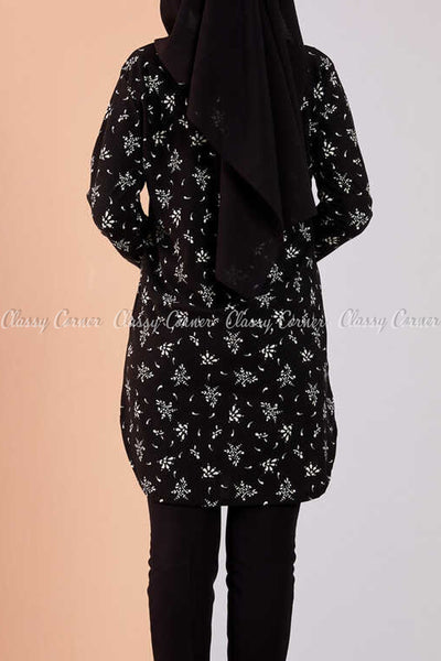 Floral Print Black Modest Tunic Dress - back view
