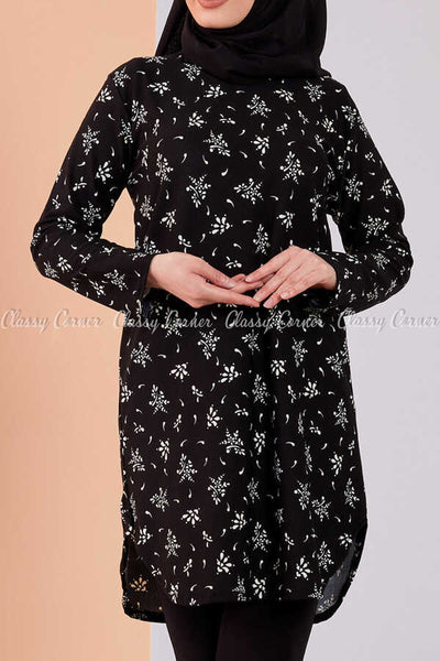 Floral Print Black Modest Tunic Dress - front view