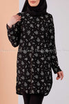 Floral Print Black Modest Tunic Dress - full front view