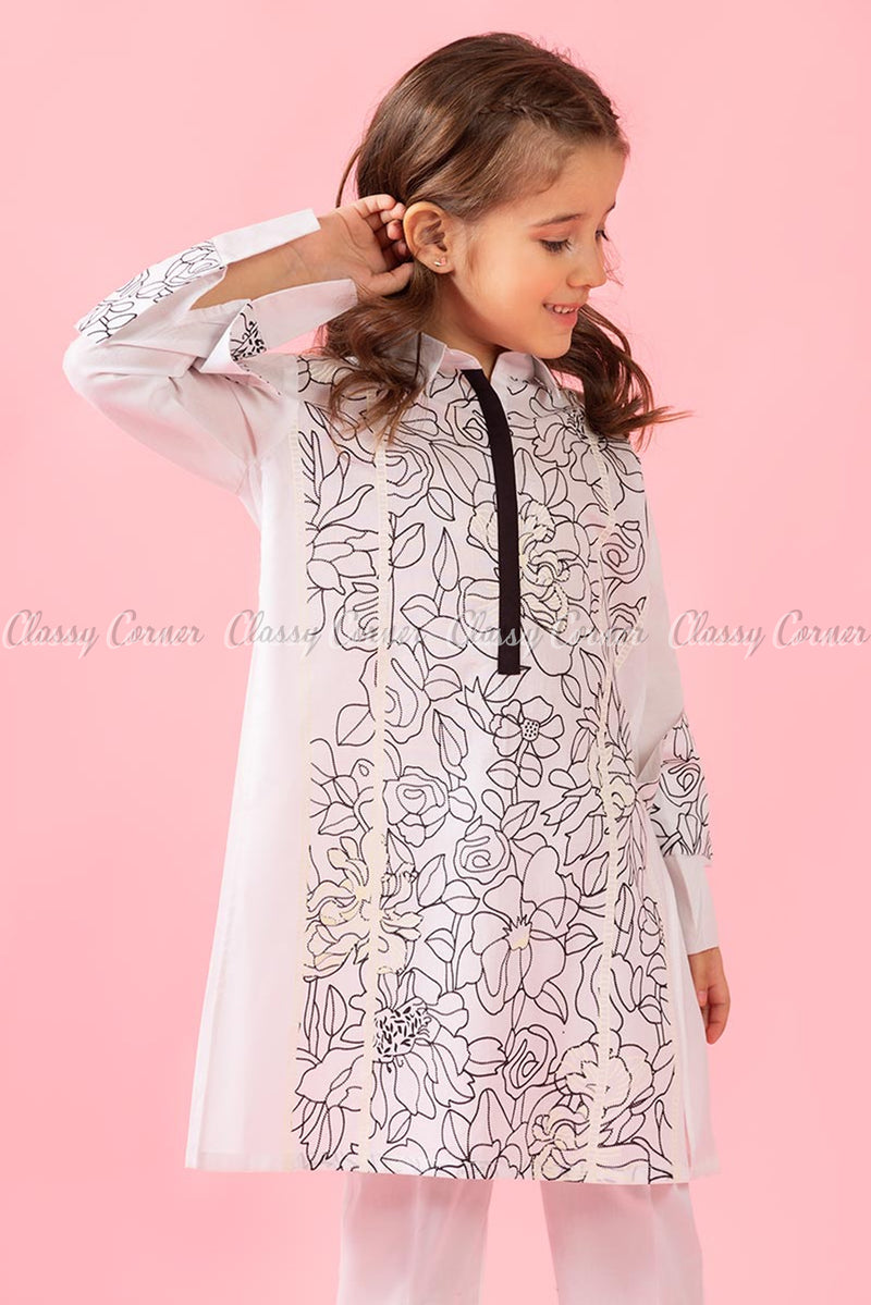 Floral Print Design White Kids Salwar Kameez - full front view