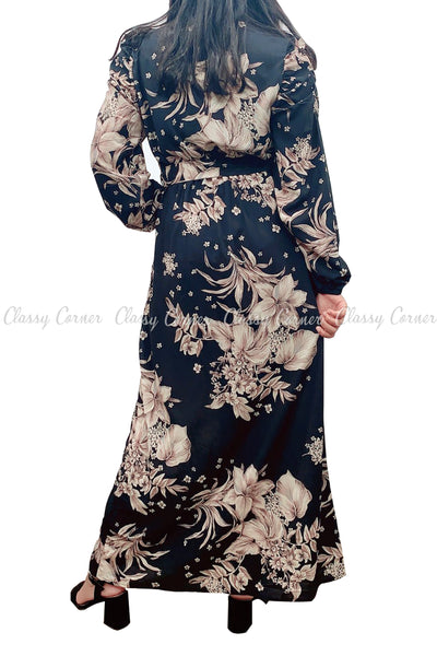 Floral Print Neutral Colour and Black Modest Long Dress - back view