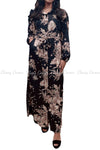 Floral Print Neutral Colour and Black Modest Long Dress - full front view